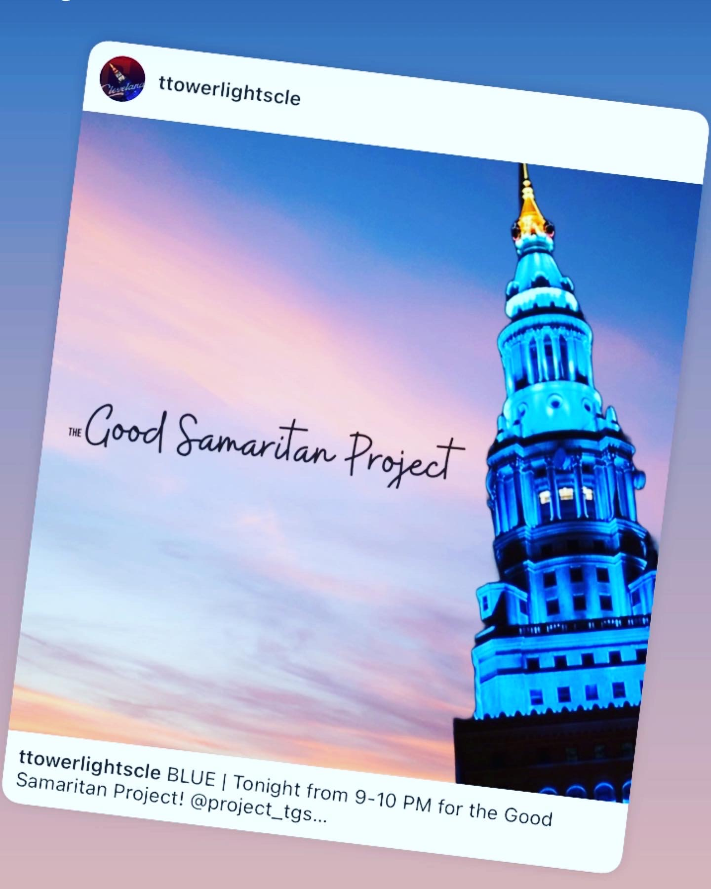 Terminal Tower lit blue for The Good Samaritan Project